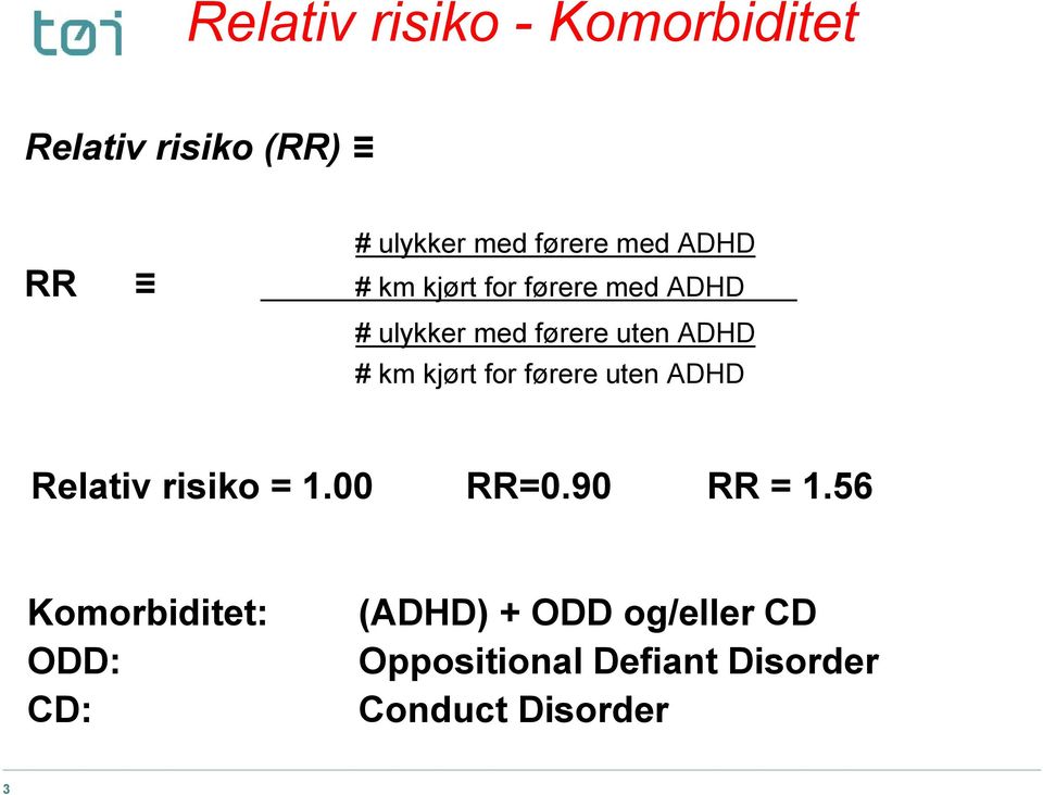 kjørt for førere uten ADHD Relativ risiko = 1.00 RR=0.90 RR = 1.