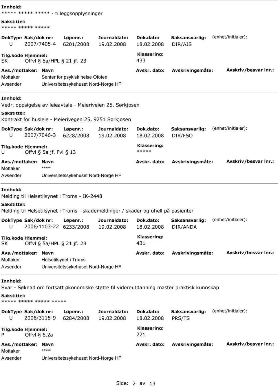 Fvl 13 ***** Mottaker ***** niversitetssykehuset Nord-Norge HF nnhold: Melding til Helsetilsynet i Troms - K-2448 Melding til Helsetilsynet i Troms - skademeldinger / skader og uhell på pasienter