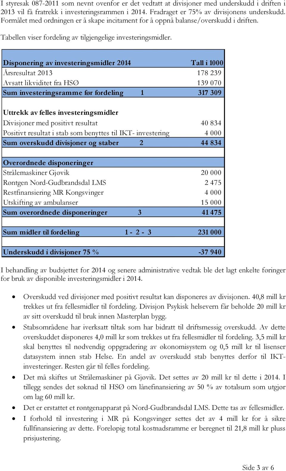 Disponering av investeringsmidler 2014 Tall i 1000 Årsresultat 2013 178 239 Avsatt likviditet fra HSØ 139 070 Sum investeringsramme før fordeling 1 317 309 Uttrekk av felles investeringsmidler