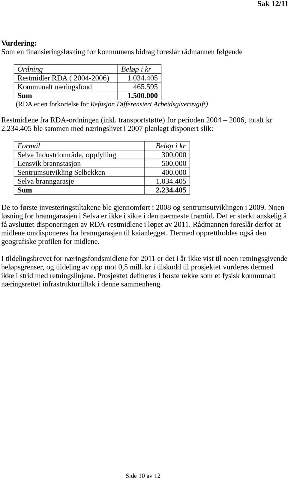 405 ble sammen med næringslivet i 2007 planlagt disponert slik: Formål Beløp i kr Selva Industriområde, oppfylling 300.000 Lensvik brannstasjon 500.000 Sentrumsutvikling Selbekken 400.