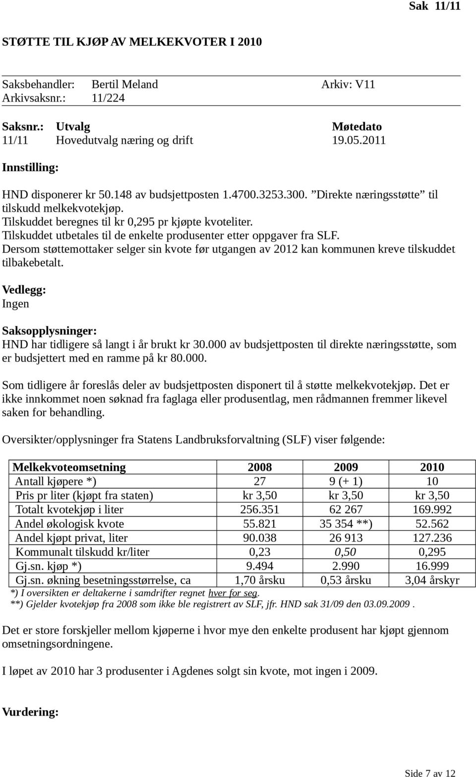 Tilskuddet utbetales til de enkelte produsenter etter oppgaver fra SLF. Dersom støttemottaker selger sin kvote før utgangen av 2012 kan kommunen kreve tilskuddet tilbakebetalt.