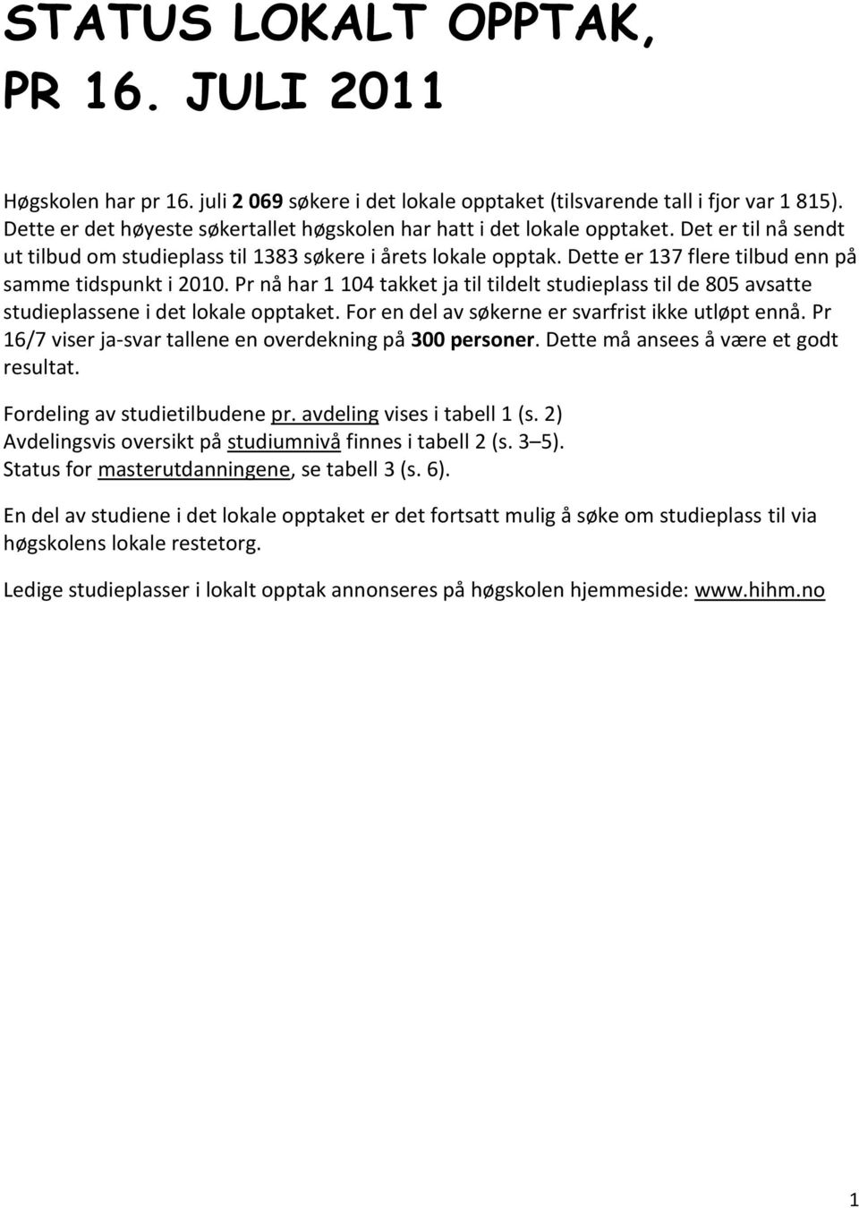 Dette er 137 flere tilbud enn på samme tidspunkt i 2010. Pr nå har 1 104 takket ja til tildelt studieplass til de 805 avsatte studieplassene i det lokale opptaket.