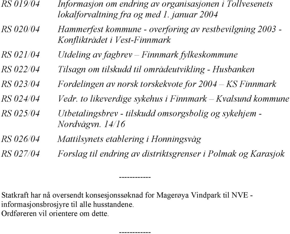 områdeutvikling - Husbanken RS 023/04 Fordelingen av norsk torskekvote for 2004 KS Finnmark RS 024/04 Vedr.