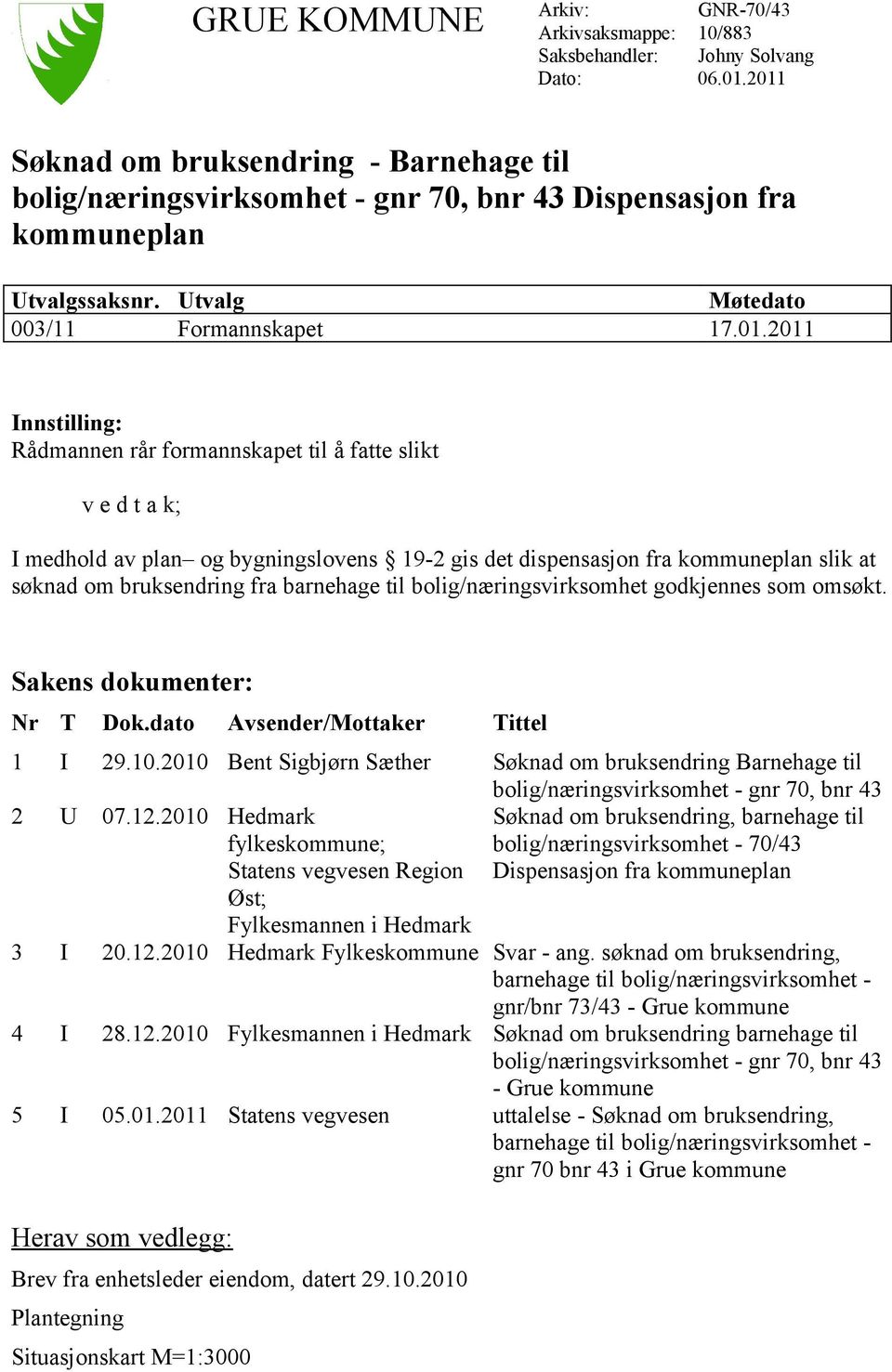 rår formannskapet til å fatte slikt v e d t a k; I medhold av plan og bygningslovens 19-2 gis det dispensasjon fra kommuneplan slik at søknad om bruksendring fra barnehage til bolig/næringsvirksomhet