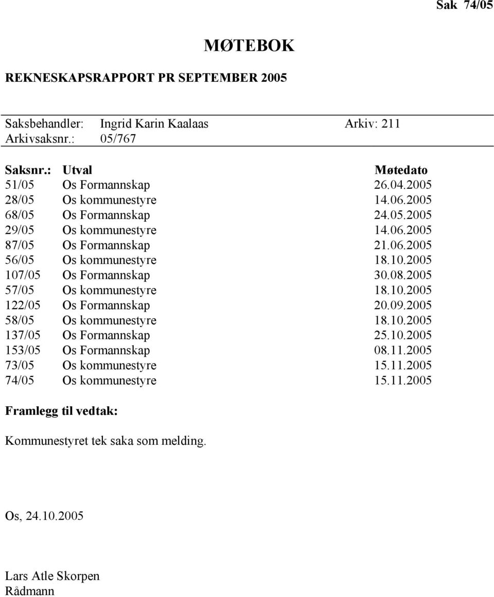 2005 107/05 Os Formannskap 30.08.2005 57/05 Os kommunestyre 18.10.2005 122/05 Os Formannskap 20.09.2005 58/05 Os kommunestyre 18.10.2005 137/05 Os Formannskap 25.10.2005 153/05 Os Formannskap 08.