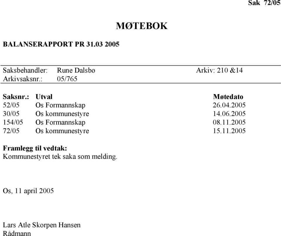 : Utval Møtedato 52/05 Os Formannskap 26.04.2005 30/05 Os kommunestyre 14.06.