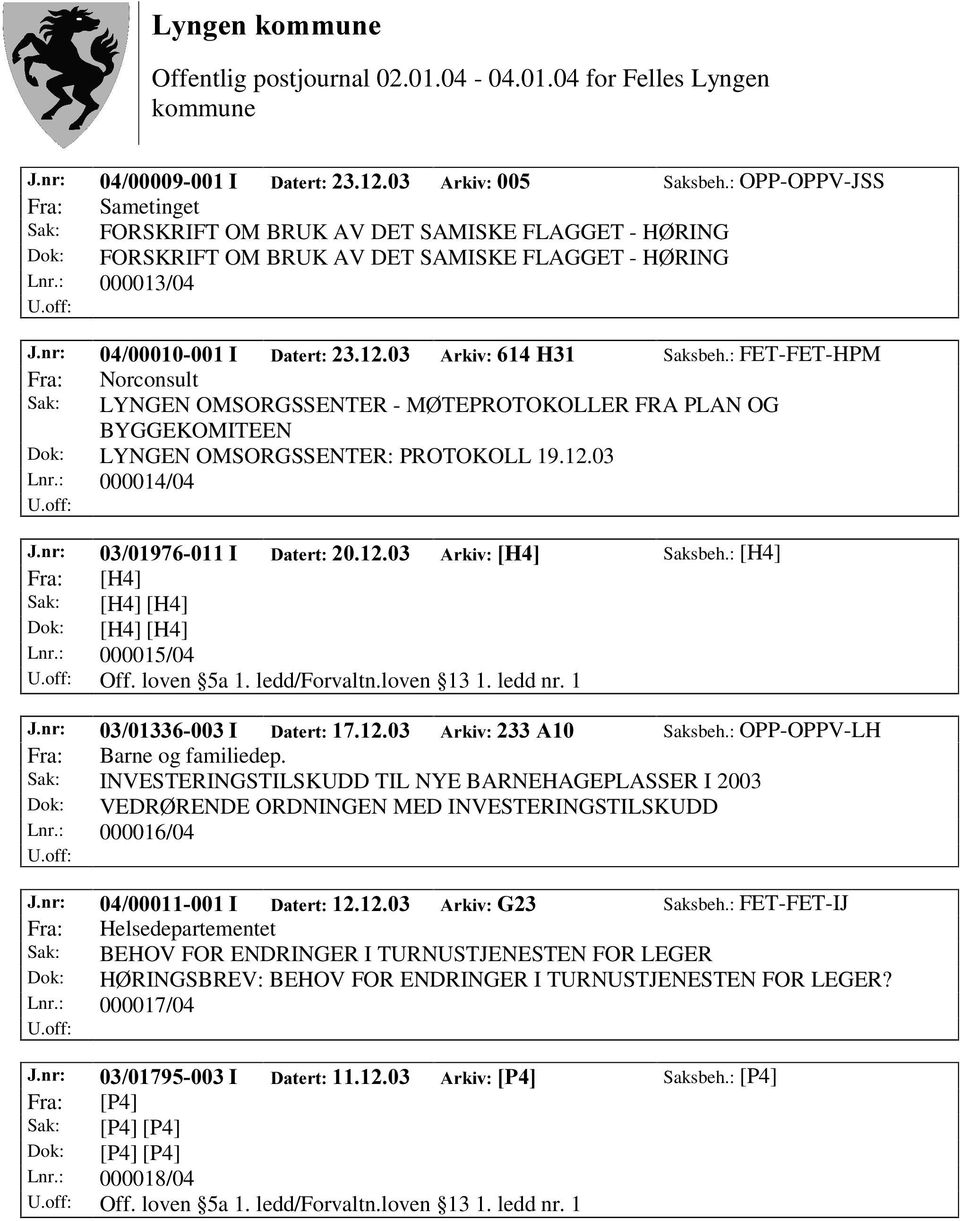 : 000014/04 -QU, 'DWHUW $UNLY>+@ Saksbeh.: [H4] Fra: [H4] Sak: [H4] [H4] Dok: [H4] [H4] Lnr.: 000015/04 Off. loven 5a 1. ledd/forvaltn.loven 13 1. ledd nr. 1 -QU, 'DWHUW $UNLY$ Saksbeh.