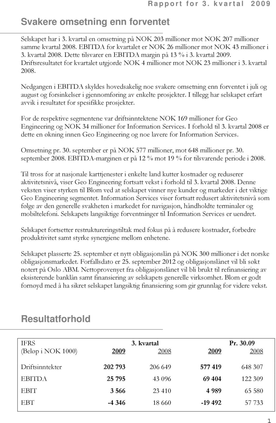 Driftsresultatet for kvartalet utgjorde NOK 4 millioner mot NOK 23 millioner i 3. kvartal 2008.