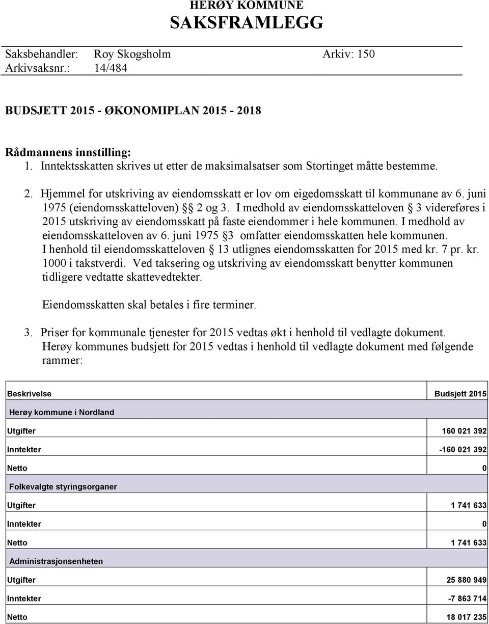 juni 1975 (eiendomsskatteloven) 2 og 3. I medhold av eiendomsskatteloven 3 videreføres i 2015 utskriving av eiendomsskatt på faste eiendommer i hele kommunen. I medhold av eiendomsskatteloven av 6.