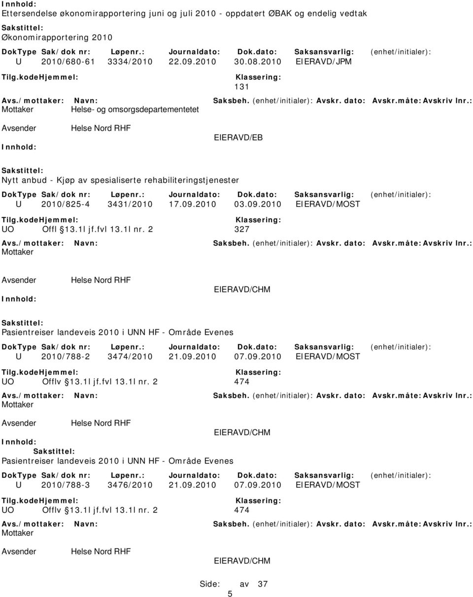 2010 03.09.2010 EIERAVD/MOST UO Offl 13.1l jf.fvl 13.1l nr. 2 327 Mottaker EIERAVD/CHM Pasientreiser landeveis 2010 i UNN HF - Område Evenes U 2010/788-2 3474/2010 21.09.2010 07.09.2010 EIERAVD/MOST UO Offlv 13.