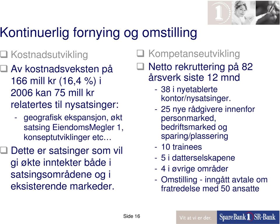 eksisterende markeder. Kompetanseutvikling Netto rekruttering på 82 årsverk siste 12 mnd - 38 i nyetablerte kontor/nysatsinger.