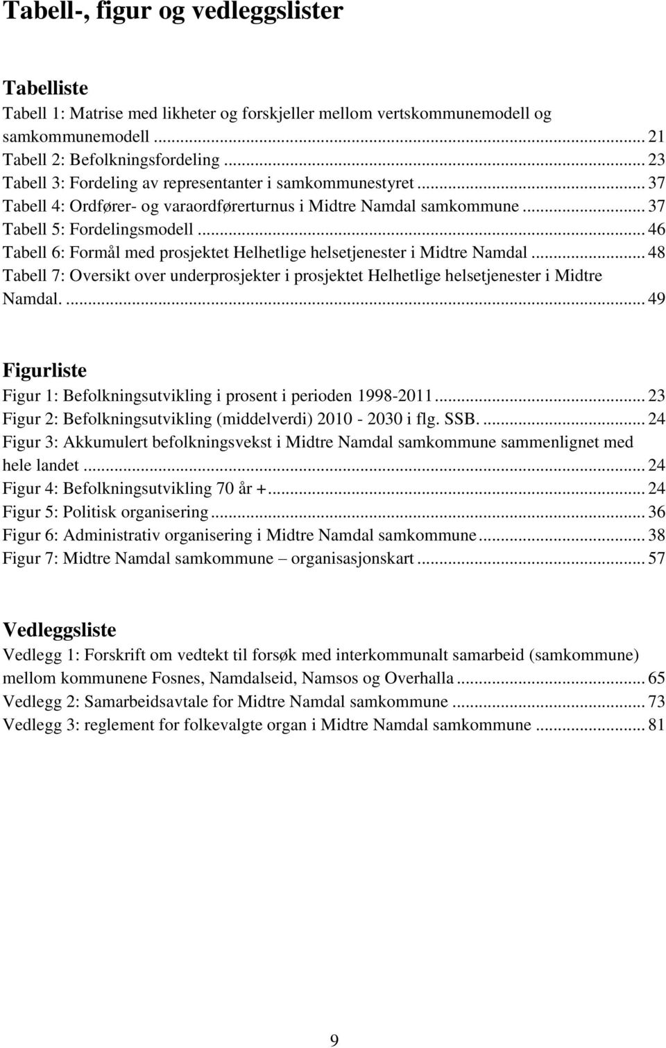 .. 46 Tabell 6: Formål med prosjektet Helhetlige helsetjenester i Midtre Namdal... 48 Tabell 7: Oversikt over underprosjekter i prosjektet Helhetlige helsetjenester i Midtre Namdal.