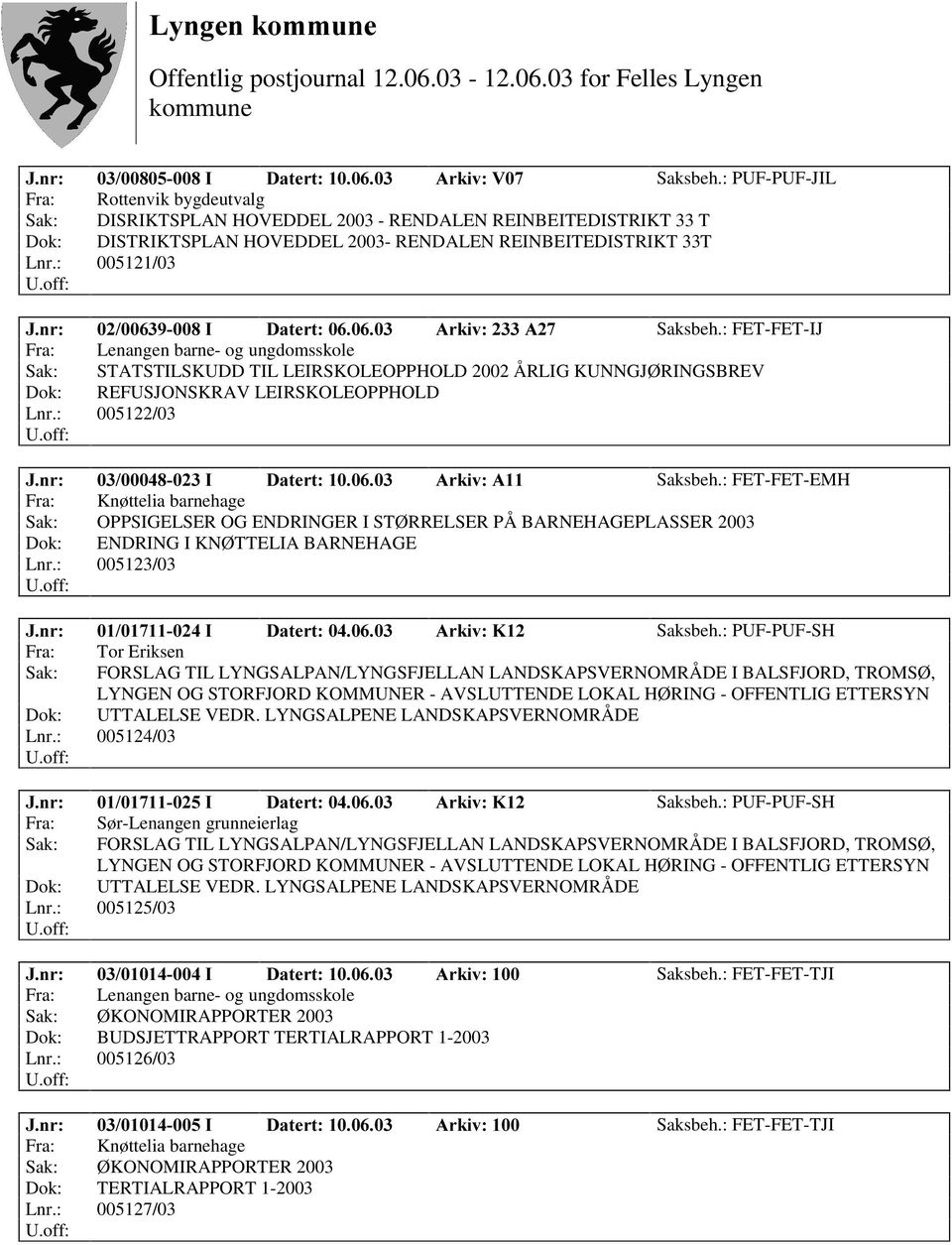 : 005121/03 -QU, 'DWHUW $UNLY$ Saksbeh.: FET-FET-IJ Fra: Lenangen barne- og ungdomsskole Sak: STATSTILSKUDD TIL LEIRSKOLEOPPHOLD 2002 ÅRLIG KUNNGJØ RINGSBREV Dok: REFUSJONSKRAV LEIRSKOLEOPPHOLD Lnr.