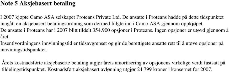 De ansatte i Proteans har i 2007 blitt tildelt 354.900 opsjoner i Proteans. Ingen opsjoner er utøvd gjennom å året.