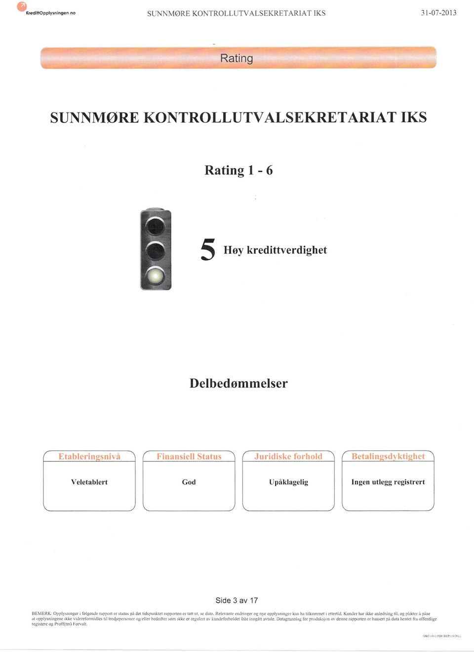 KOh{TROLLUTVALSEKRETARIAT IKS Rating 1-6 5 Høy kredittverdighet Delbedømmelser