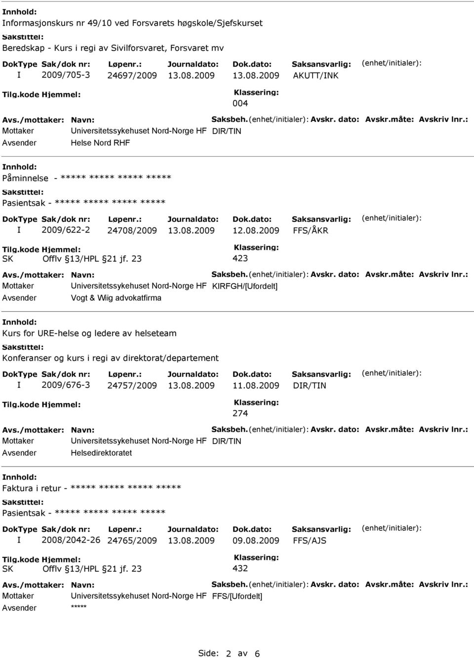 HF KRFGH/[Ufordelt] Avsender Vogt & Wiig advokatfirma nnhold: Kurs for URE-helse og ledere av helseteam Konferanser og kurs i regi av direktorat/departement 2009/676-3 24757/2009 DR/TN 274 Mottaker