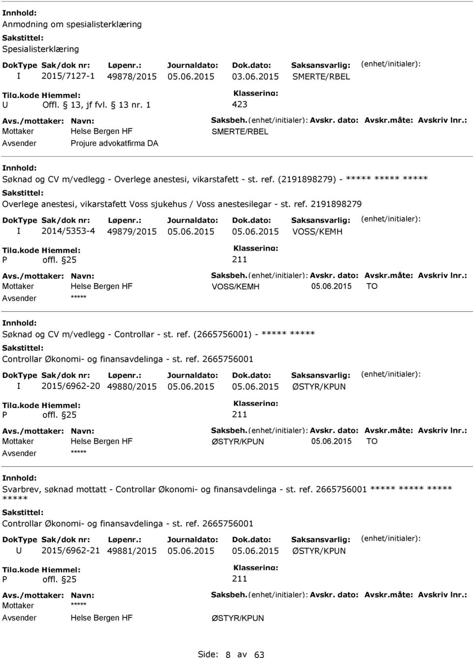 2191898279 2014/5353-4 49879/2015 VOSS/KEMH VOSS/KEMH TO ***** Søknad og CV m/vedlegg - Controllar - st. ref.