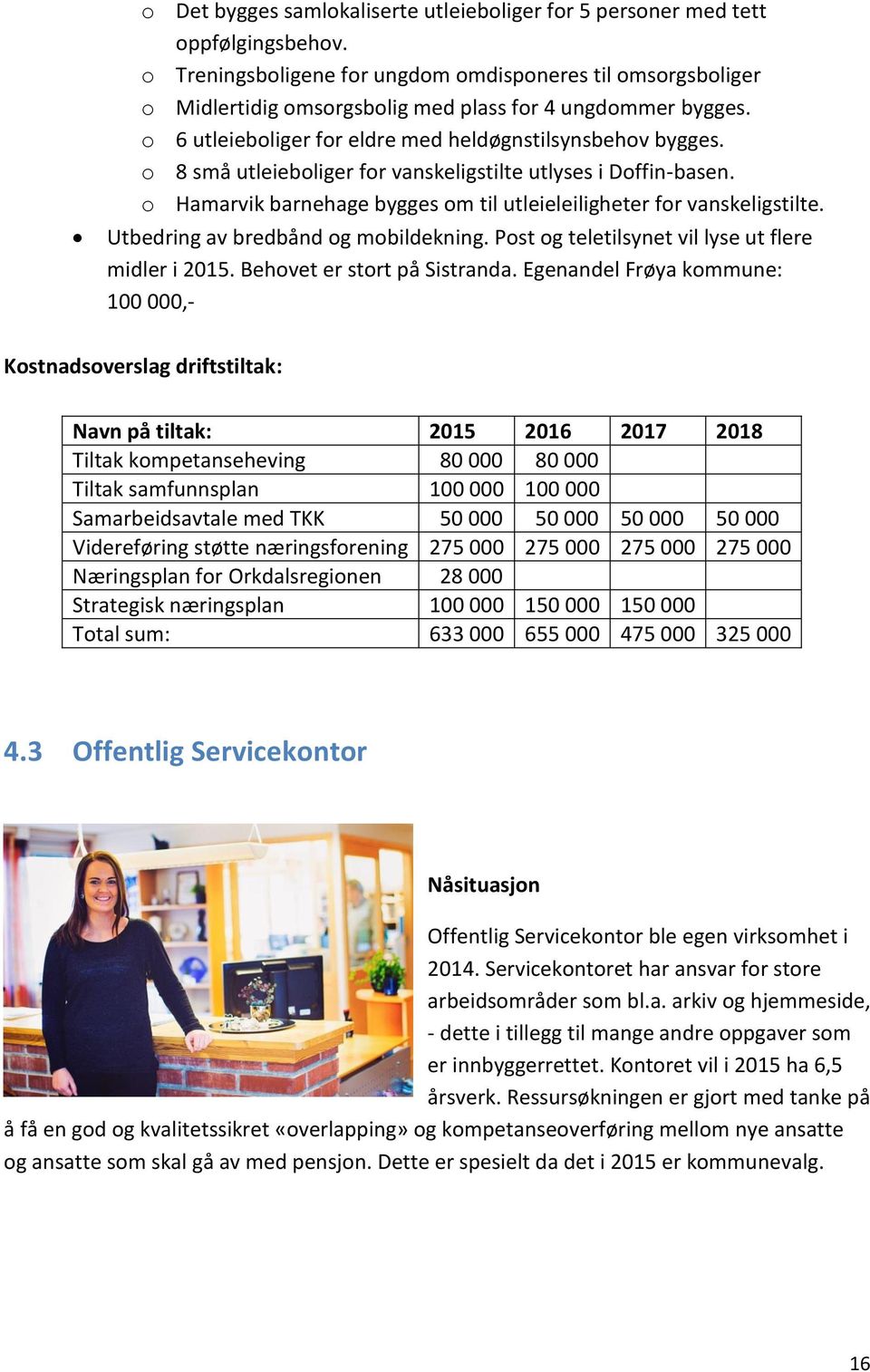 o 8 små utleieboliger for vanskeligstilte utlyses i Doffin-basen. o Hamarvik barnehage bygges om til utleieleiligheter for vanskeligstilte. Utbedring av bredbånd og mobildekning.