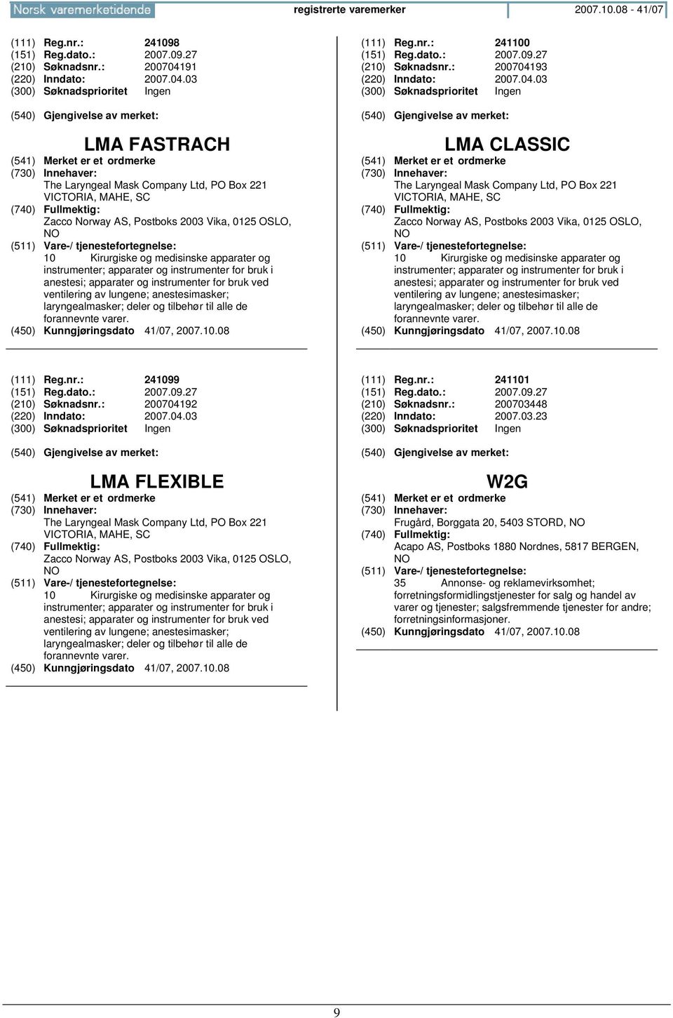 03 LMA FASTRACH The Laryngeal Mask Company Ltd, PO Box 221 VICTORIA, MAHE, SC Zacco Norway AS, Postboks 2003 Vika, 0125 OSLO, 10 Kirurgiske og medisinske apparater og instrumenter; apparater og