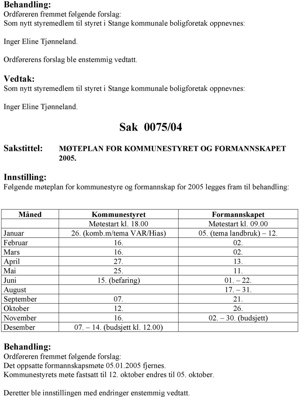 Innstilling: Følgende møteplan for kommunestyre og formannskap for 2005 legges fram til behandling: Måned Kommunestyret Formannskapet Møtestart kl. 18.00 Møtestart kl. 09.00 Januar 26. (komb.