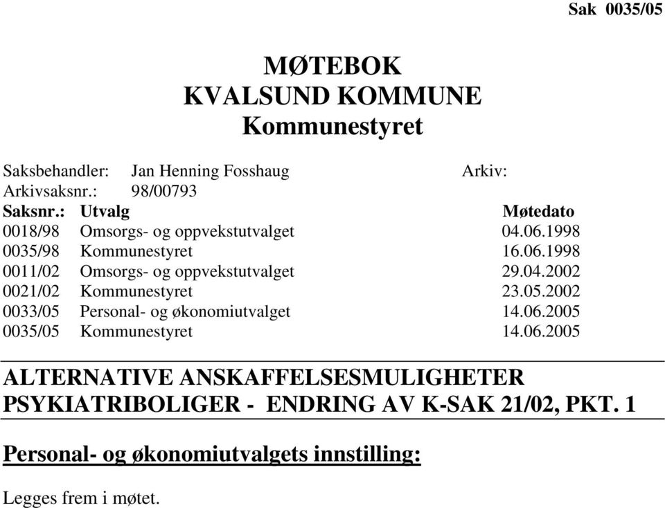 04.2002 0021/02 Kommunestyret 23.05.2002 0033/05 Personal- og økonomiutvalget 14.06.