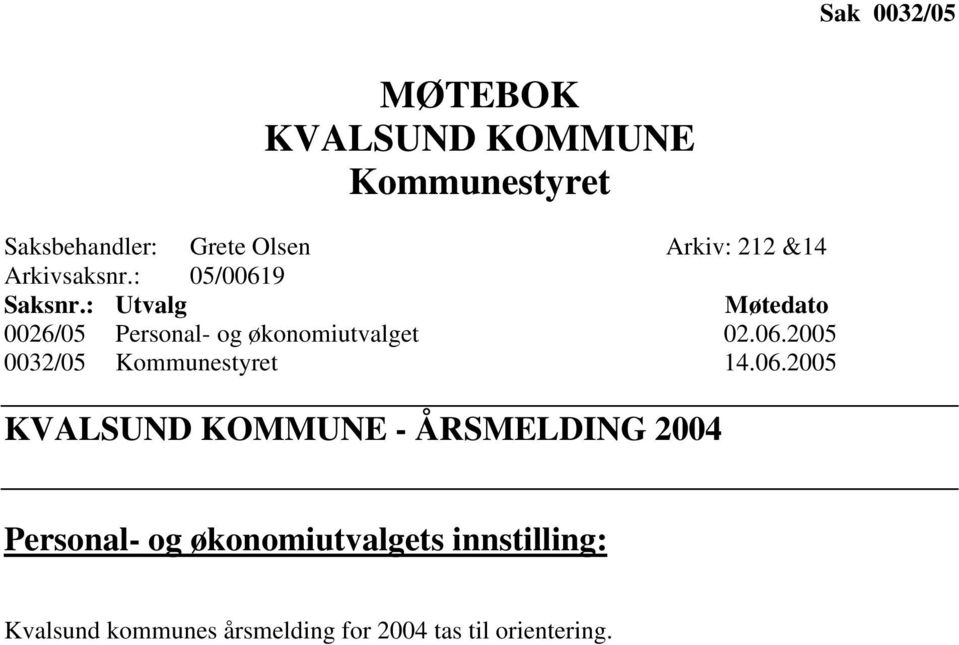 : Utvalg Møtedato 0026/05 Personal- og økonomiutvalget 02.06.