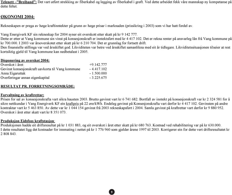 Vang Energiverk KF sin rekneskap for 2004 syner eit overskott etter skatt på kr 9 142 777. Dette er etter at Vang kommune sin vinst på konsesjonskraft er inntektsført med kr 4 417 102.