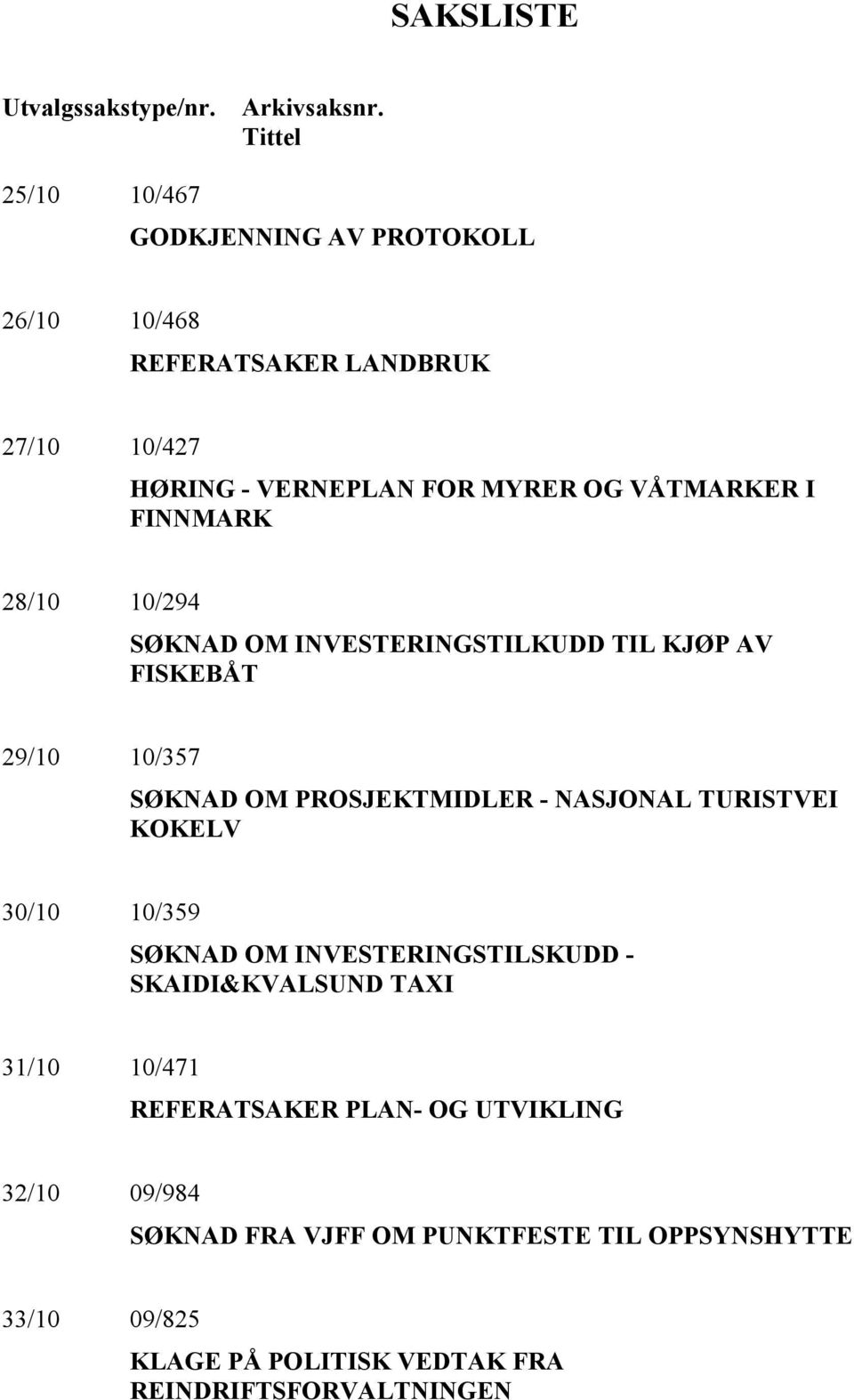 FINNMARK 28/10 10/294 SØKNAD OM INVESTERINGSTILKUDD TIL KJØP AV FISKEBÅT 29/10 10/357 SØKNAD OM PROSJEKTMIDLER - NASJONAL TURISTVEI KOKELV