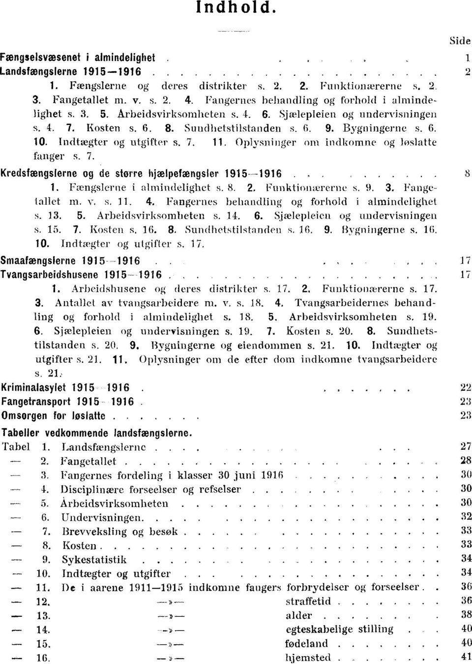 7. Kredsfængslerne og de større hjælpefængsler 95--96. 8. Fængslerne i almindelighet s. 8.. Funktionærerne s. 9. 3. Fangetallet m. v. s.. 4. Fangernes behandling og forhold i almindelighet s. 3. 5.