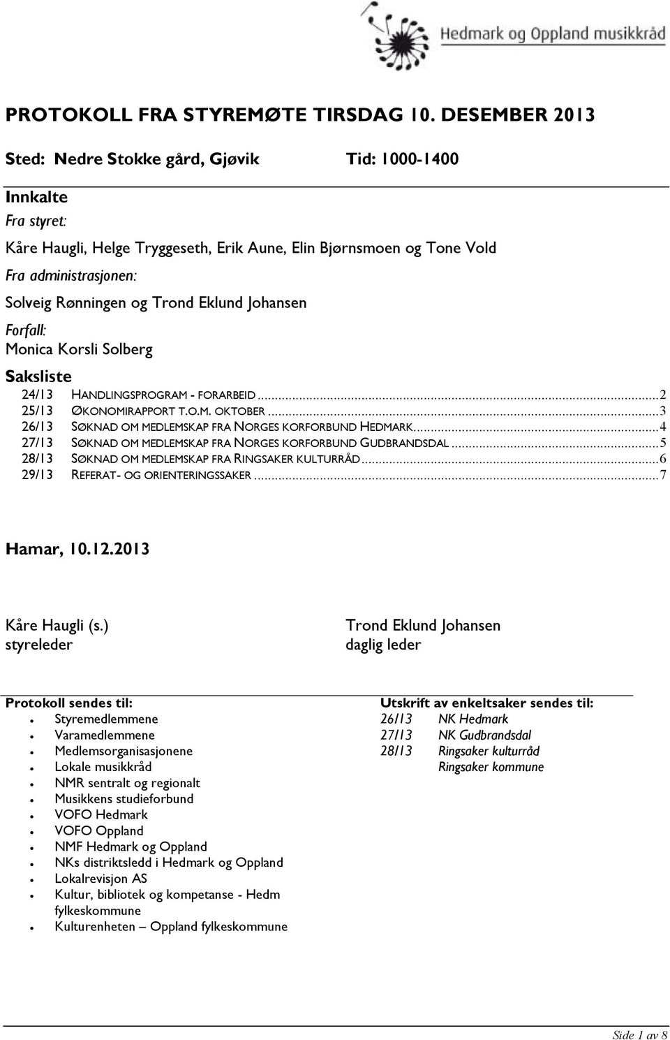 Trond Eklund Johansen Forfall: Monica Korsli Solberg Saksliste 24/13 HANDLINGSPROGRAM - FORARBEID... 2 25/13 ØKONOMIRAPPORT T.O.M. OKTOBER... 3 26/13 SØKNAD OM MEDLEMSKAP FRA NORGES KORFORBUND HEDMARK.