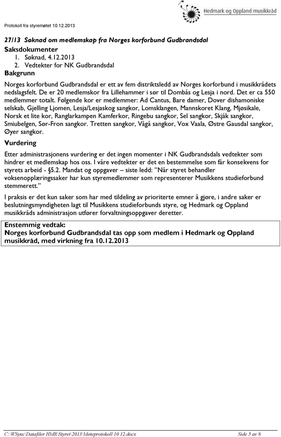 De er 20 medlemskor fra Lillehammer i sør til Dombås og Lesja i nord. Det er ca 550 medlemmer totalt.