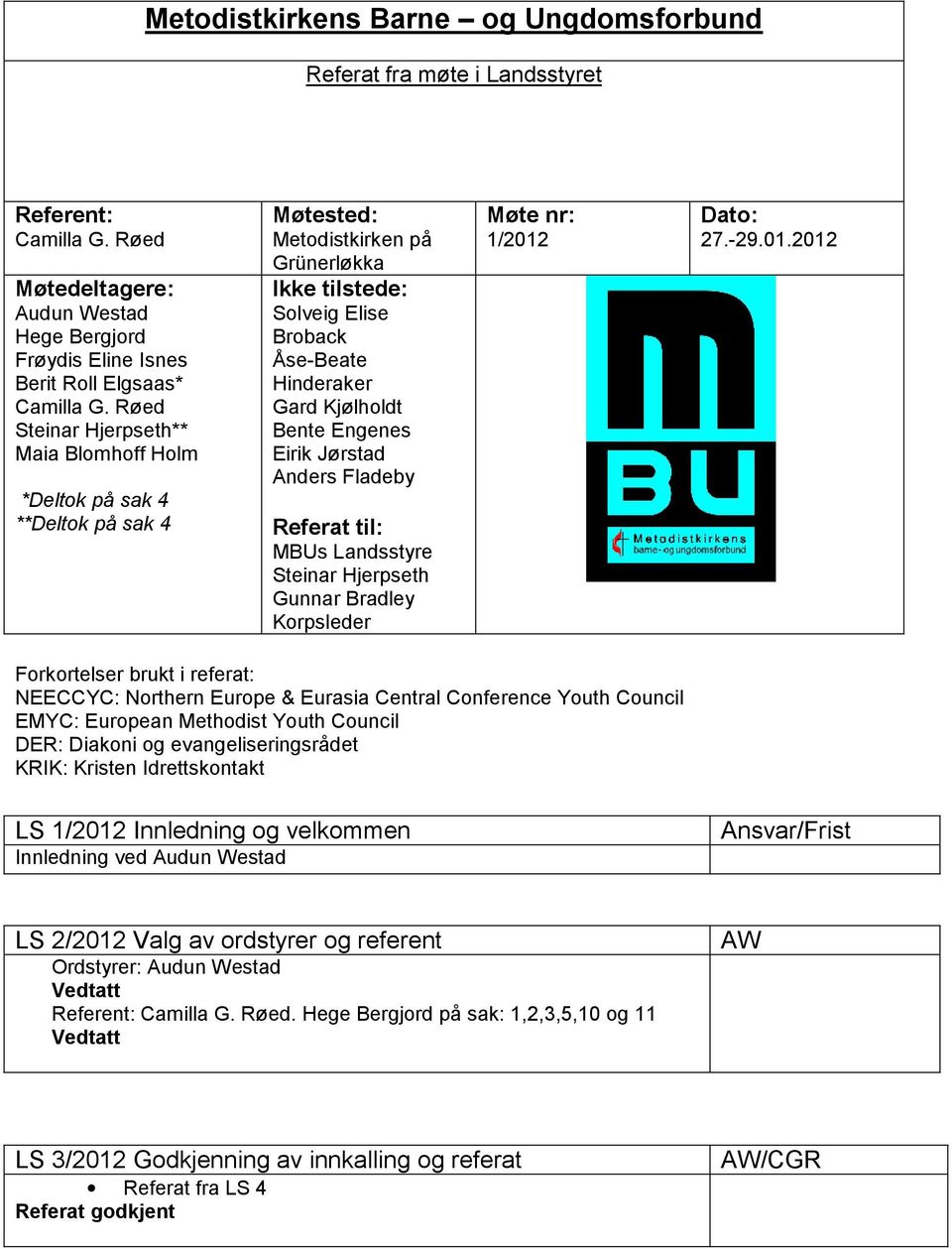 Engenes Eirik Jørstad Anders Fladeby Referat til: MBUs Landsstyre Steinar Hjerpseth Gunnar Bradley Korpsleder Møte nr: 1/2012