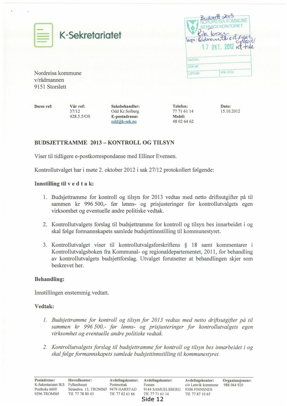 oktober 2012 i sak 27/12 protokollert følgende: Innstilling til vedta k: Behandling: Budsjettramme for kontroll og tilsyn for 2013 vedtas med netto driftsutgifter på til sammen kr 996 500,- før