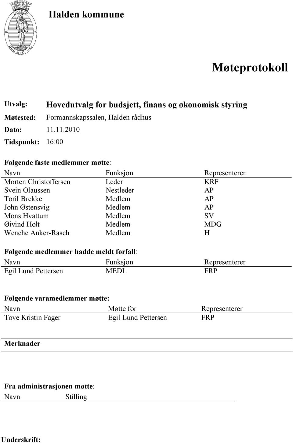 Representerer Morten Christoffersen Leder KRF Svein Olaussen Nestleder AP Toril Brekke Medlem AP John Østensvig Medlem AP Mons Hvattum Medlem SV Øivind Holt Medlem MDG