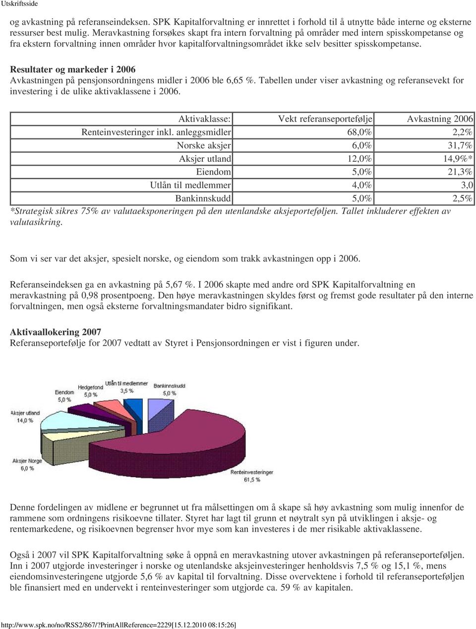 Resultater og markeder i 2006 Avkastningen på pensjonsordningens midler i 2006 ble 6,65 %. Tabellen under viser avkastning og referansevekt for investering i de ulike aktivaklassene i 2006.