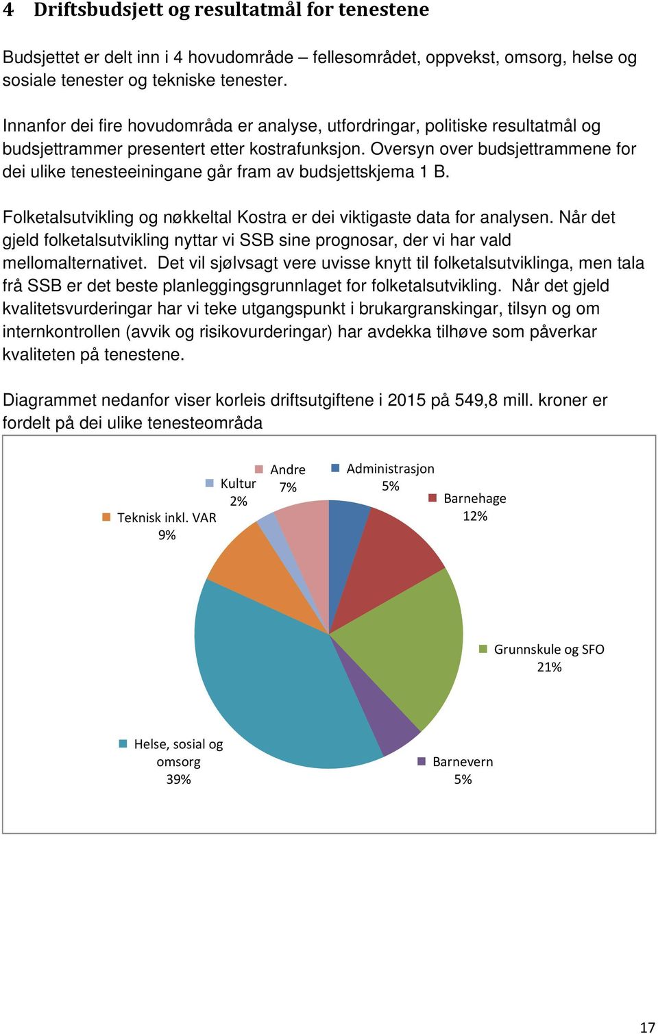 Oversyn over budsjettrammene for dei ulike tenesteeiningane går fram av budsjettskjema 1 B. Folketalsutvikling og nøkkeltal Kostra er dei viktigaste data for analysen.