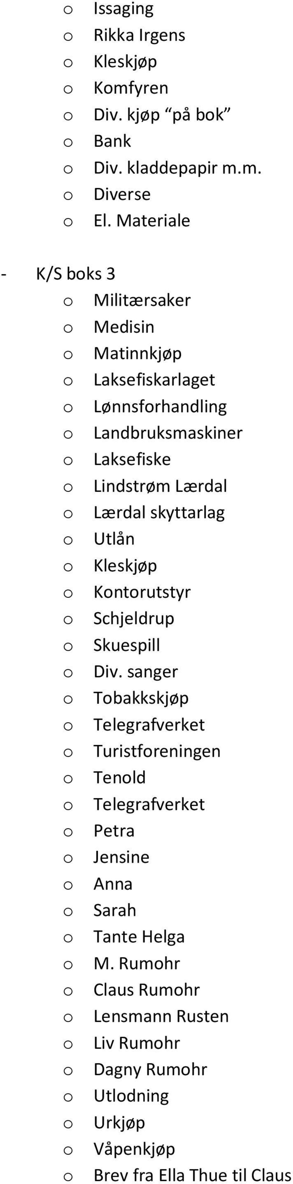 Lærdal skyttarlag o Utlån o Kleskjøp o Kontorutstyr o Schjeldrup o Skuespill o Div.