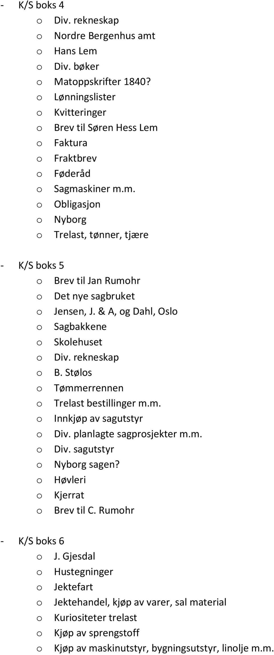 & A, og Dahl, Oslo o Sagbakkene o Skolehuset o Div. rekneskap o B. Stølos o Tømmerrennen o Trelast bestillinger m.m. o Innkjøp av sagutstyr o Div. planlagte sagprosjekter m.m. o Div. sagutstyr o Nyborg sagen?