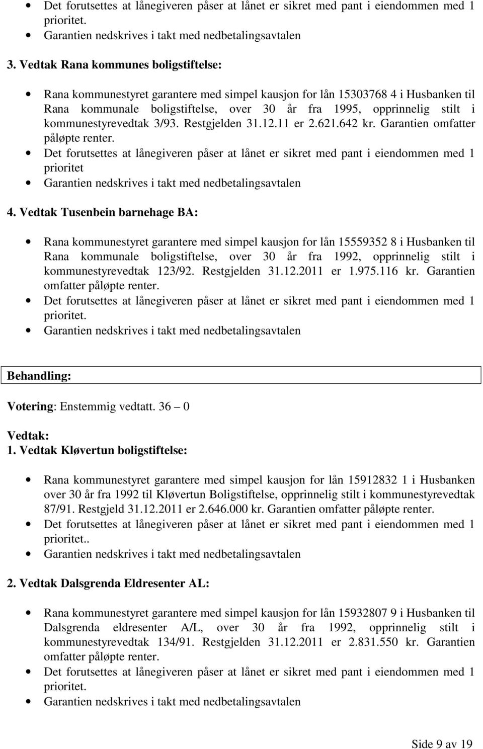 kommunestyrevedtak 3/93. Restgjelden 31.12.11 er 2.621.642 kr. Garantien omfatter påløpte renter.