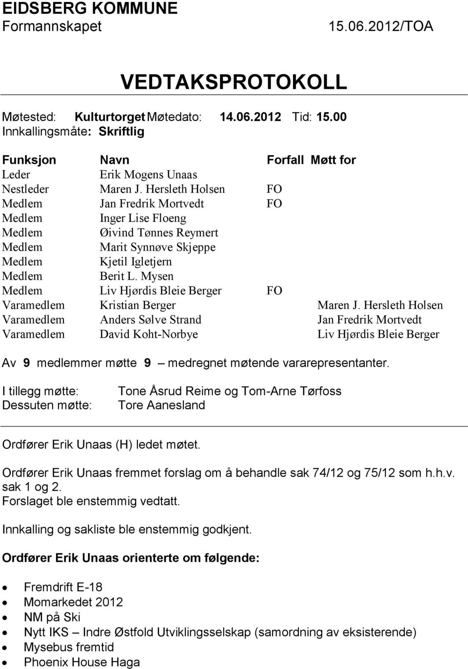 Hersleth Holsen FO Medlem Jan Fredrik Mortvedt FO Medlem Inger Lise Floeng Medlem Øivind Tønnes Reymert Medlem Marit Synnøve Skjeppe Medlem Kjetil Igletjern Medlem Berit L.