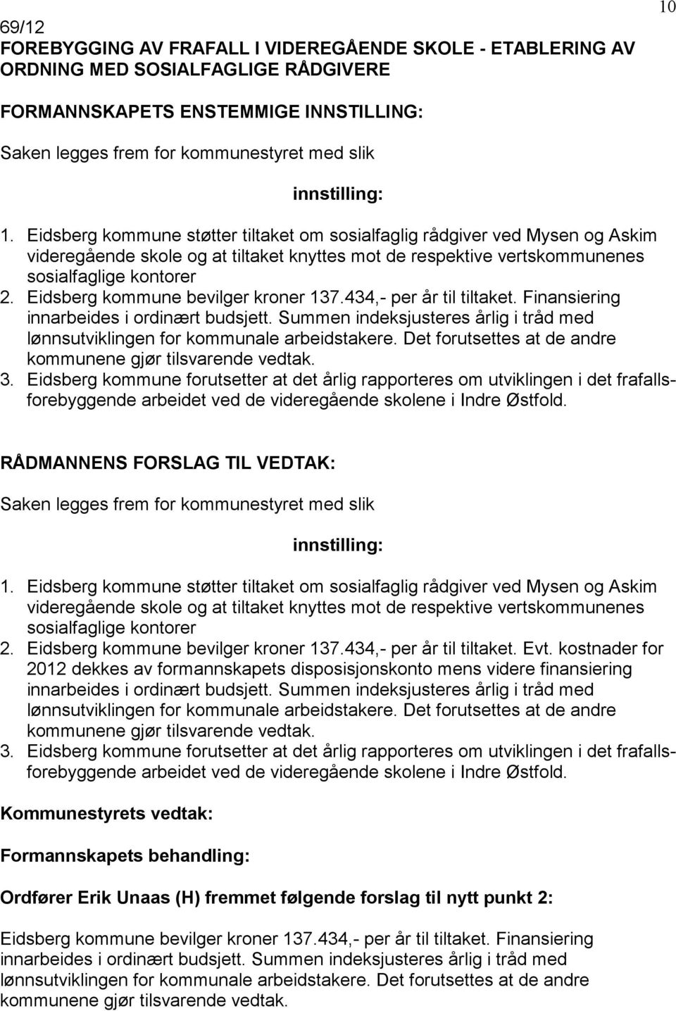 Eidsberg kommune bevilger kroner 137.434,- per år til tiltaket. Finansiering innarbeides i ordinært budsjett. Summen indeksjusteres årlig i tråd med lønnsutviklingen for kommunale arbeidstakere.