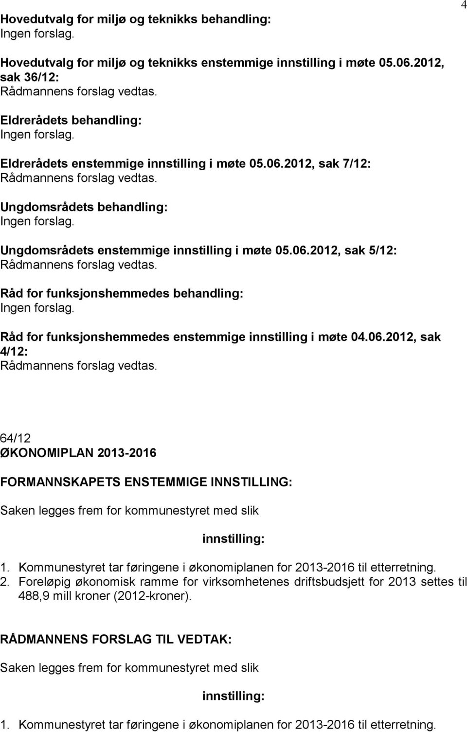 2012, sak 7/12: Ungdomsrådets behandling: Ungdomsrådets enstemmige innstilling i møte 05.06.