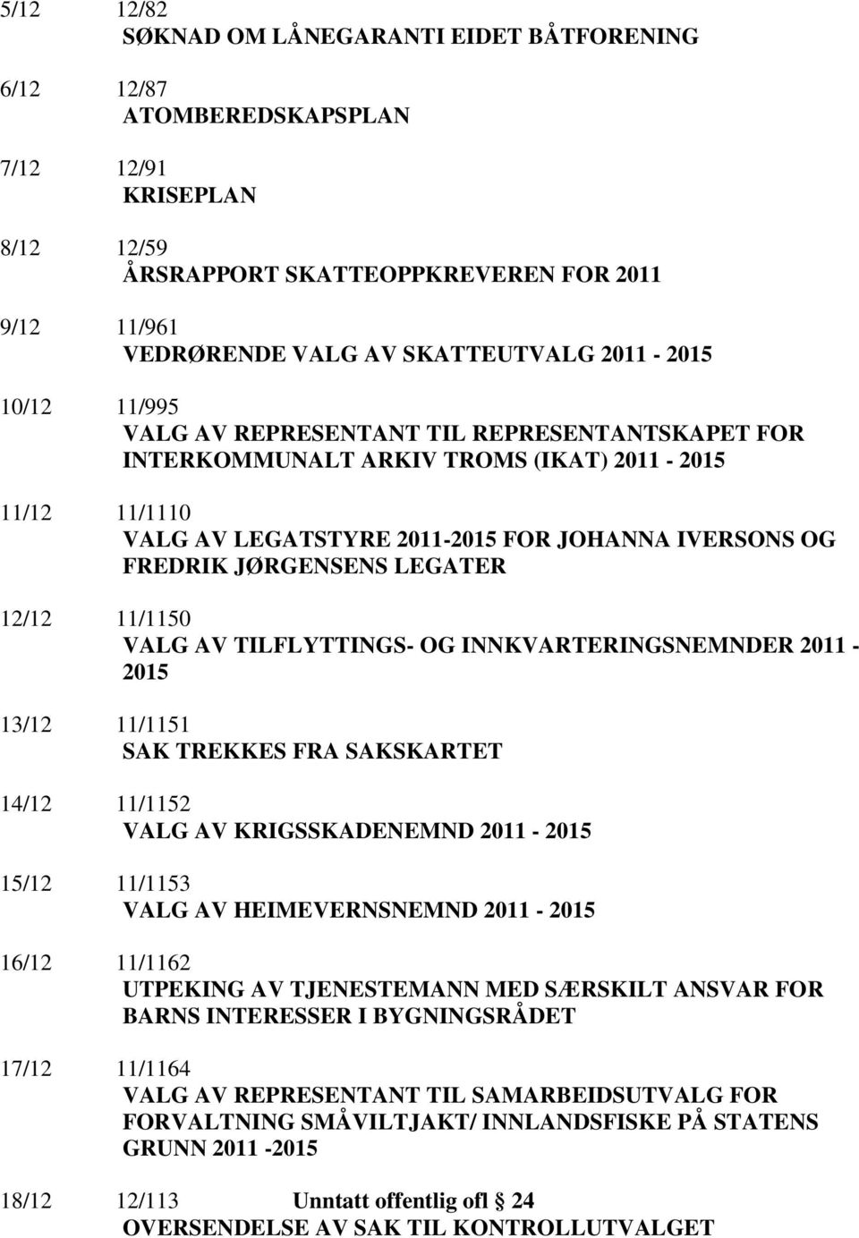 JØRGENSENS LEGATER 12/12 11/1150 VALG AV TILFLYTTINGS- OG INNKVARTERINGSNEMNDER 2011-2015 13/12 11/1151 SAK TREKKES FRA SAKSKARTET 14/12 11/1152 VALG AV KRIGSSKADENEMND 2011-2015 15/12 11/1153 VALG