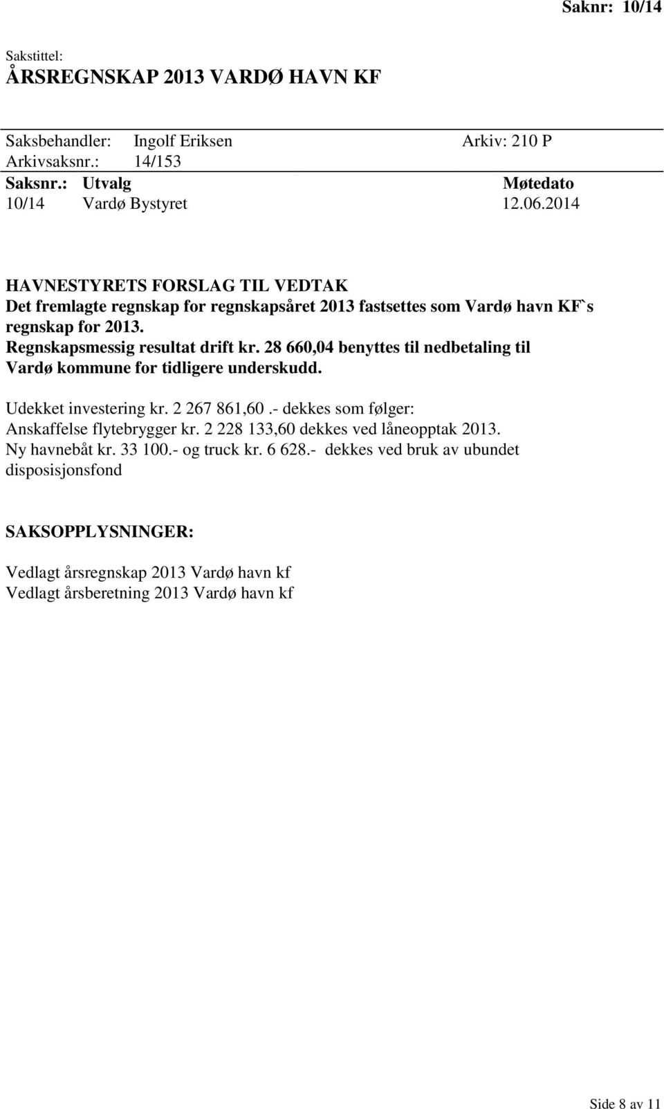 28 660,04 benyttes til nedbetaling til Vardø kommune for tidligere underskudd. Udekket investering kr. 2 267 861,60.- dekkes som følger: Anskaffelse flytebrygger kr.