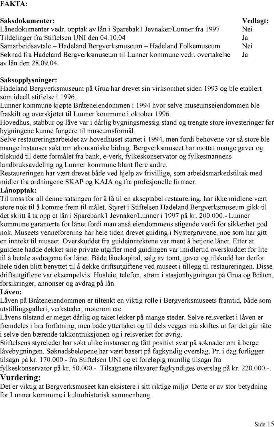 Lunner kommune kjøpte Bråteneiendommen i 1994 hvor selve museumseiendommen ble fraskilt og overskjøtet til Lunner kommune i oktober 1996.