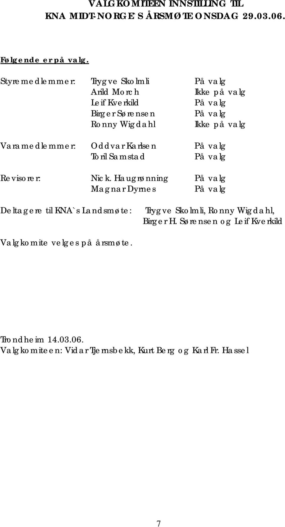 Varamedlemmer: Oddvar Karlsen På valg Toril Samstad På valg Revisorer: Nick.