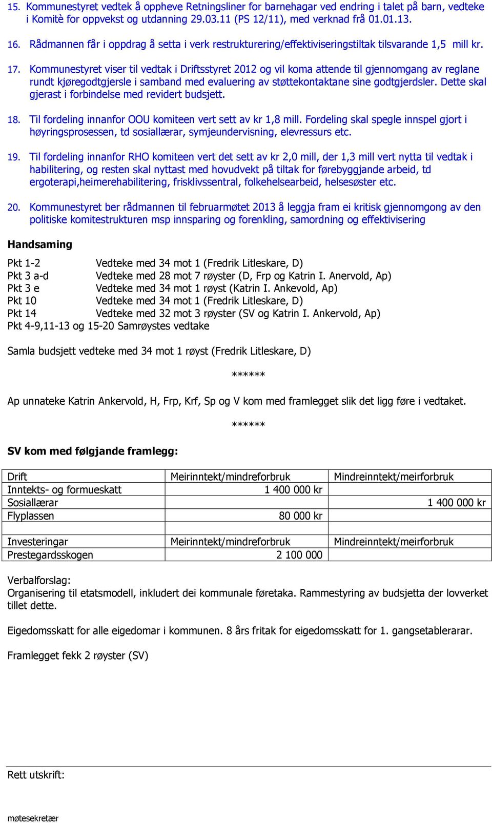 Kommunestyret viser til vedtak i Driftsstyret 2012 og vil koma attende til gjennomgang av reglane rundt kjøregodtgjersle i samband med evaluering av støttekontaktane sine godtgjerdsler.