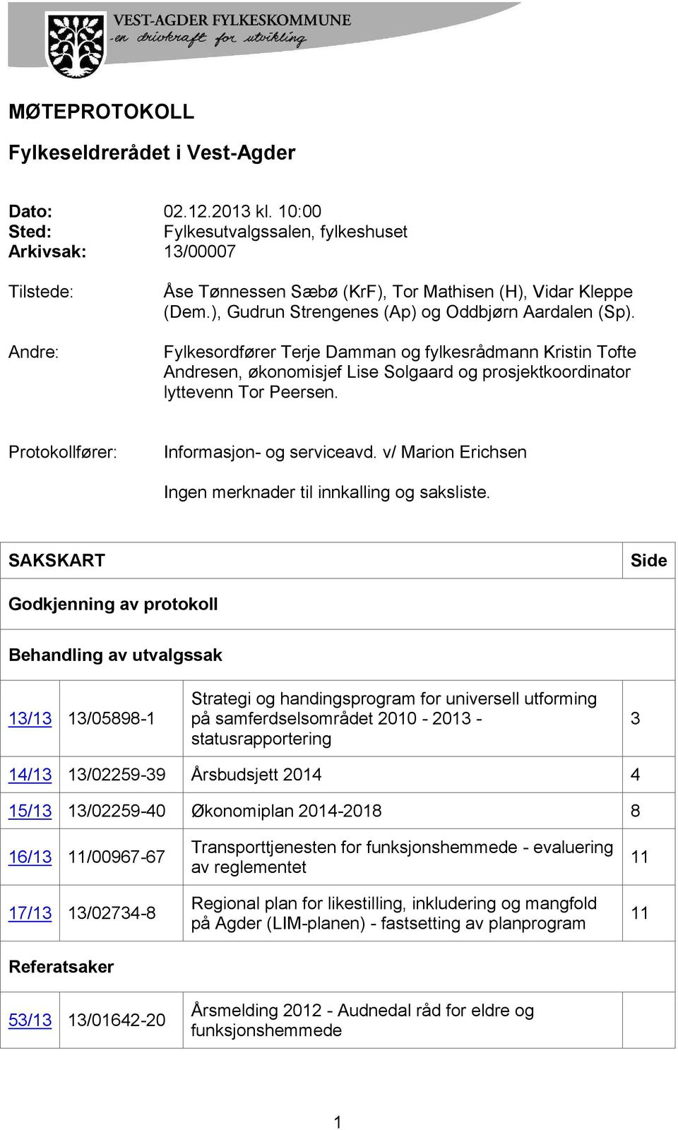 Fylkesordfører Terje Damman og fylkesrådmann Kristin Tofte Andresen, økonomisjef Lise Solgaard og prosjektkoordinator lyttevenn Tor Peersen. Protokollfører: Informasjon- og serviceavd.