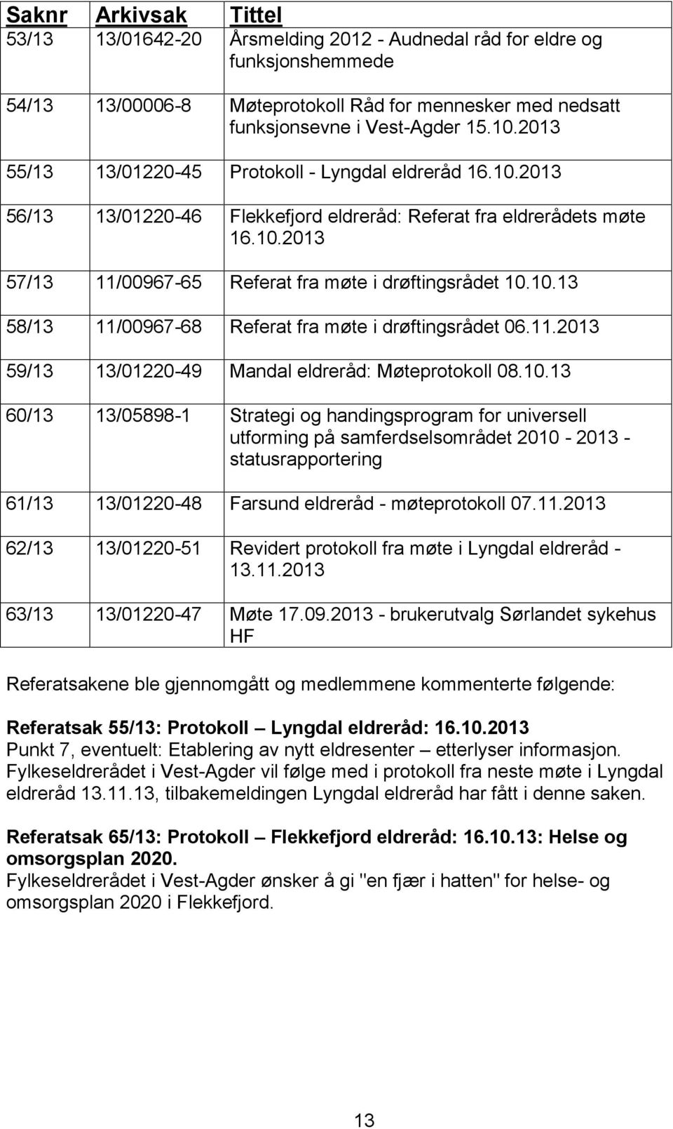 10.13 58/13 11/00967-68 Referat fra møte i drøftingsrådet 06.11.2013 59/13 13/01220-49 Mandal eldreråd: Møteprotokoll 08.10.13 60/13 13/05898-1 Strategi og handingsprogram for universell utforming på samferdselsområdet 2010-2013 - statusrapportering 61/13 13/01220-48 Farsund eldreråd - møteprotokoll 07.