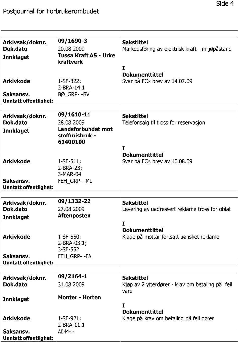 2009 Telefonsalg til tross for reservasjon nnklaget Landsforbundet mot stoffmisbruk - 61400100 Arkivkode 1-SF-511; 2-BRA-23; 3-MAR-04 Svar på FOs brev av 10.08.09 Saksansv.